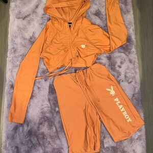 Playboy Bold Orange rouched workout set